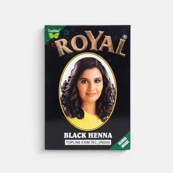 Boîte de henné noir Royal de Galeries d'Orient, avec une image d'une femme aux cheveux noirs.