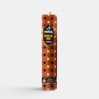 Encens Dehn-Al Oud de Galeries d'Orient, bâtonnets parfumés à l'huile d'Oud, notes de cuir et bois.