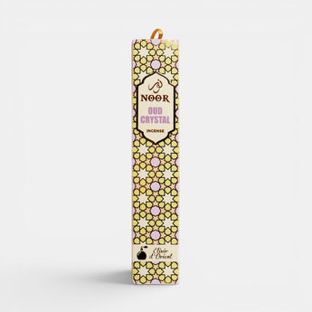Boîte d'encens Noor Oud Crystal de Galeries d'Orient, parfum oriental avec notes d'oud, orchidée, lilas, jasmin et musc.