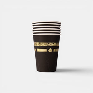 Lot de 6 gobelets noirs Galeries d'Orient 220ml avec motifs dorés Kaaba, parfaits pour le Hajj et la Omra.